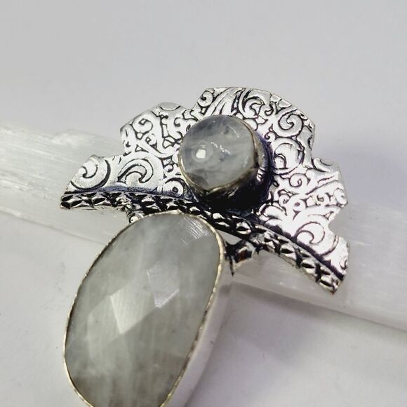 Rainbow Moonstone Crescent Moon Silver Plated Antique Style Pendant Size 1.6" - Picture 5 of 5